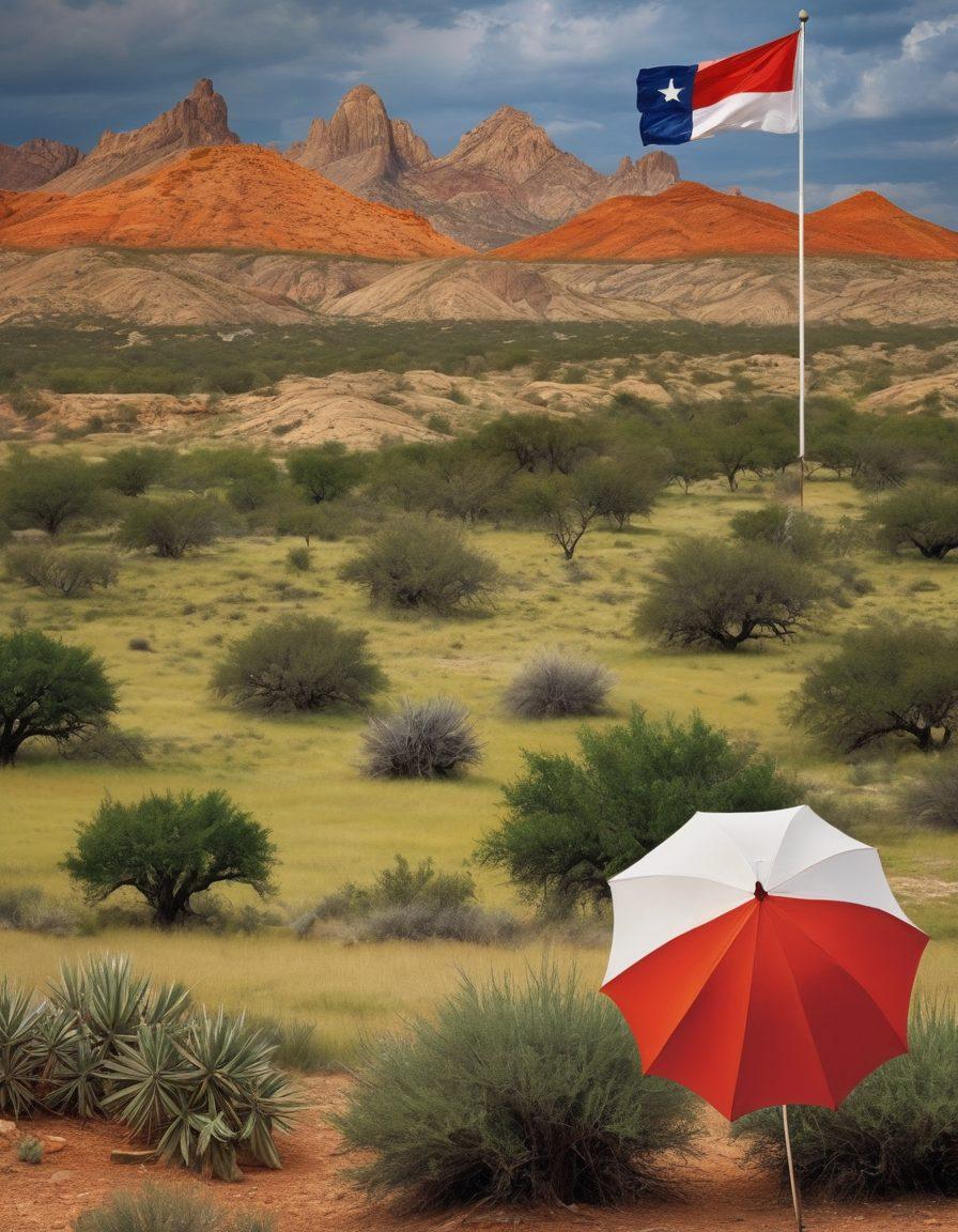 A captivating collage showcasing the diverse landscapes of Texas, including rolling hills, deserts, and the iconic Lone Star flag. Incorporate imagery of diverse insurance symbols, such as shields and umbrellas, merging seamlessly into the Texas scenery. Add key landmarks like the Alamo or Houston skyline to evoke a sense of place. Use warm, inviting colors to reflect the Texan spirit. super-realistic. vibrant colors. 3D.