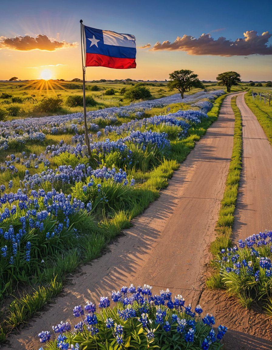 A vast Texas landscape featuring a winding road symbolizing navigation, with iconic Texas landmarks like bluebonnets and a lone star flag in the background. Include a signpost with various insurance options listed, showcasing affordability. The scene should evoke a sense of adventure and hope. vibrant colors. super-realistic.