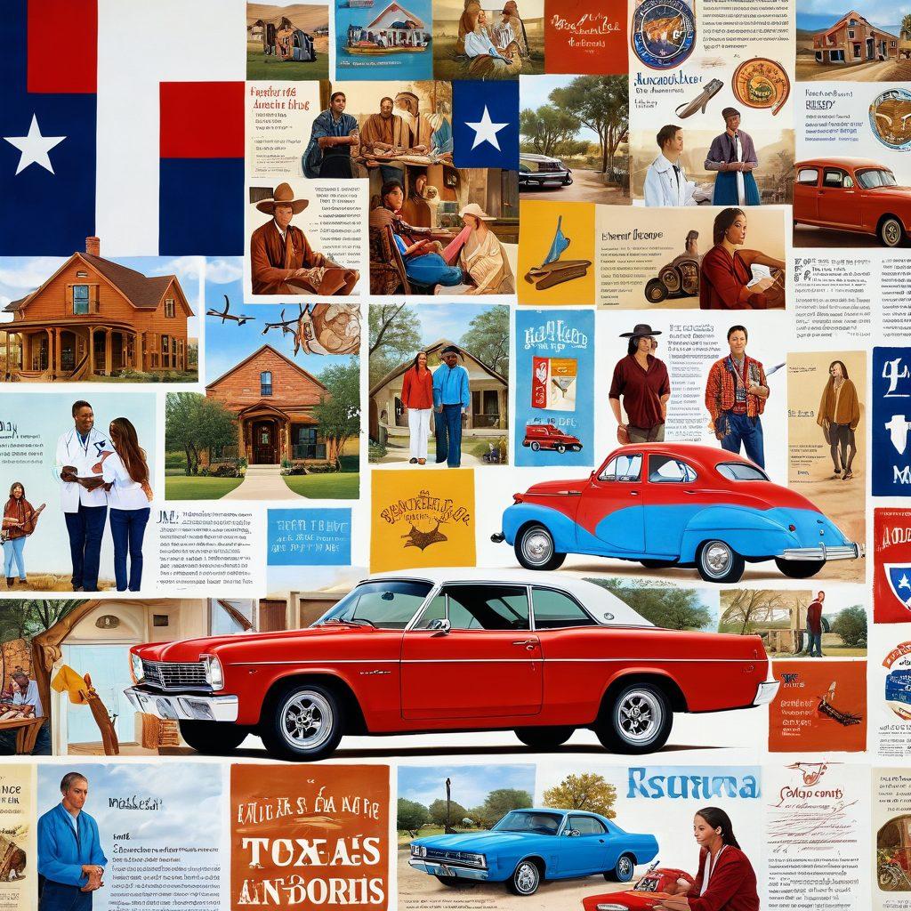 A collage showcasing a diverse group of people engaging with Texas insurance materials, featuring home, auto, and health icons intertwined with the Texas flag. The scene includes a cozy Texan home, a stylish automobile, and a doctor's kit, symbolizing comprehensive coverage. Sunlight bathes the setting, illuminating the warmth of Texan culture. super-realistic. vibrant colors. warm tones.